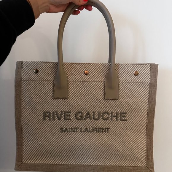 Saint Laurent Handbags - Small Noe Rive Gauche Logo Cotton & Linen Canvas Tote